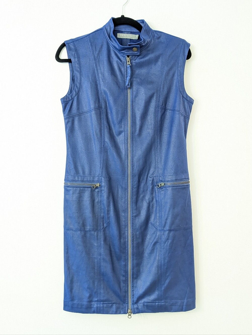 209wst38 Blue faux leather moto style zippered dress